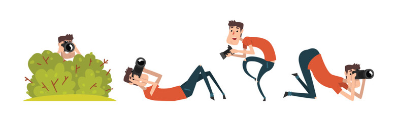 Man Photographer Taking Photos Using Professional Equipment Vector Set