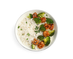 Tasty rice with broccoli, chicken and parsley isolated on white, top view