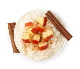 Delicious rice pudding with apples and cinnamon isolated on white, top view