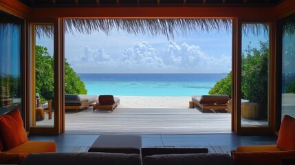 Open doors reveal beach view.