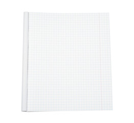 One open copybook isolated on white, top view. School stationery