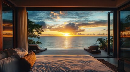 Fototapeta premium Bedroom with ocean sunset view.