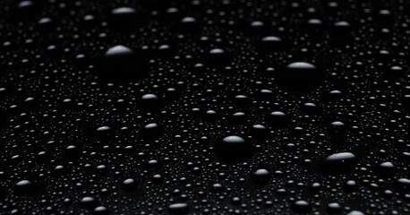 Water drops on black glass surface, closeup