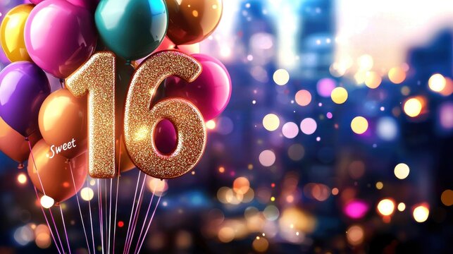Colorful balloons celebrating a Sweet 16 birthday with a sparkling golden number.