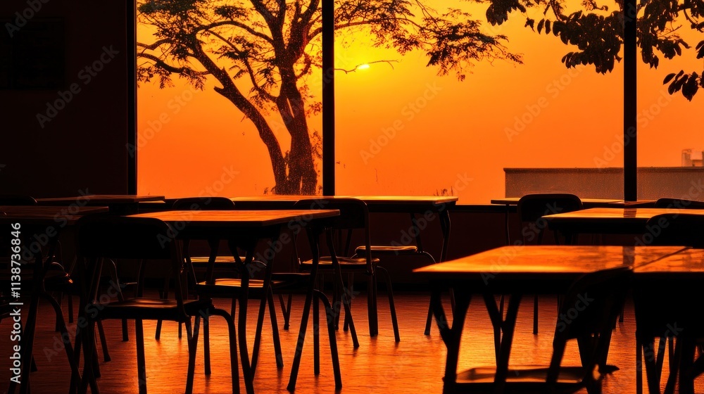 Poster sunset view from classroom with empty desks and chairs.
