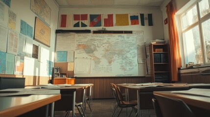 Sunlit classroom with world map, desks, and flags.
