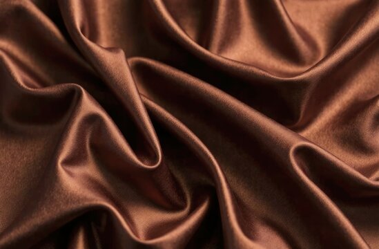 Brown silk fabric background. Trendy fabric texture close up, elegant folds and soft sheen. Shades of chocolate and coffee