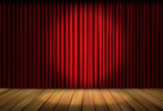 3d realistic vector illustration. Teather or cinema background with red velvet curtains and spotlight. Wooden scene with curtains.