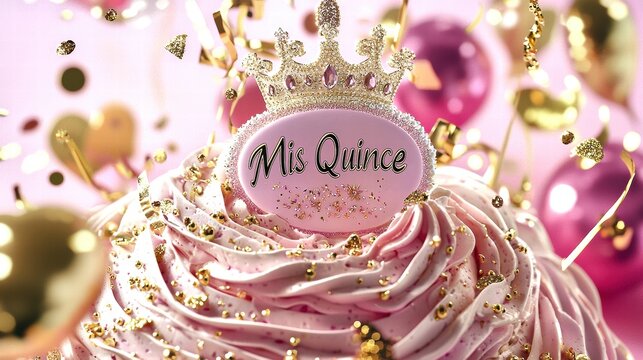 A beautiful pink quincea&ntilde;era cake topped with a glittering crown and festive decorations.