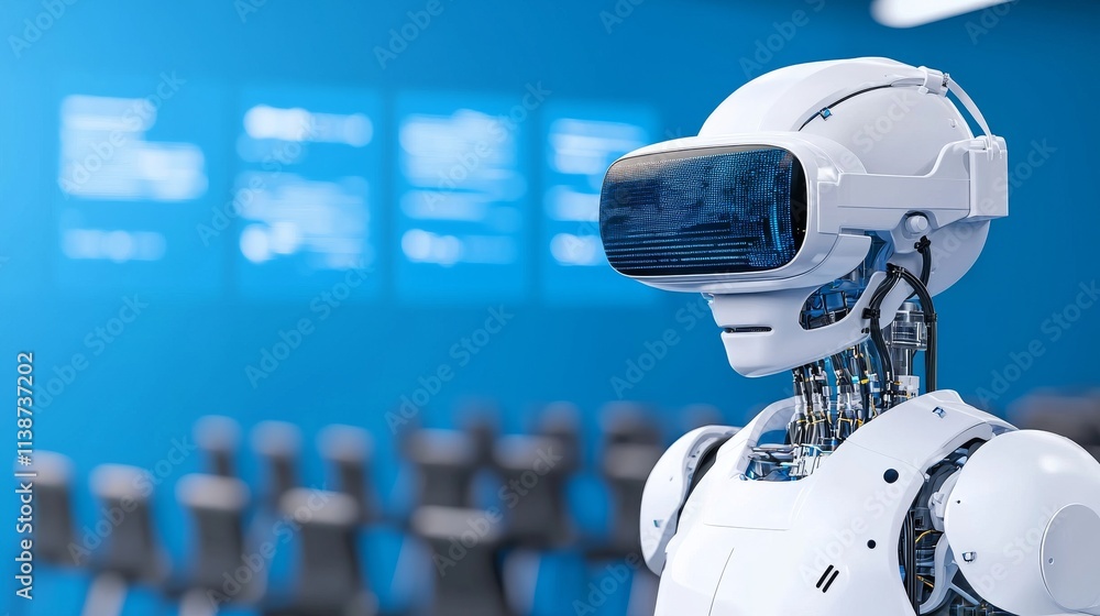 Poster a cutting-edge robot, equipped with a vr headset, engages with digital interfaces in a high-tech set