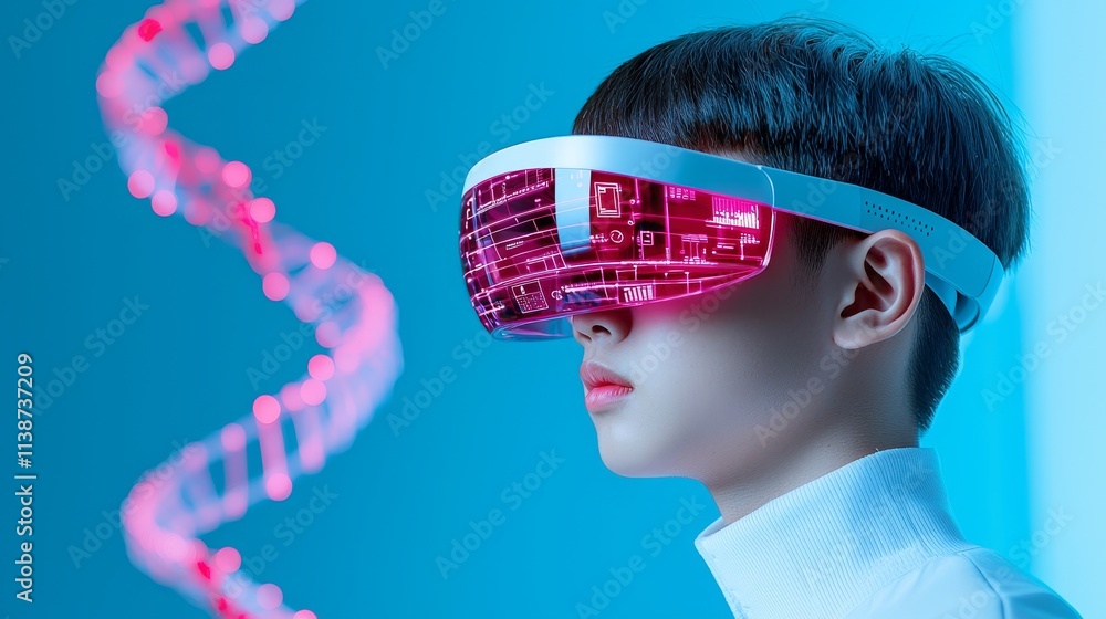 Poster **user delves into an immersive virtual reality, interacting with a futuristic landscape adorned wit