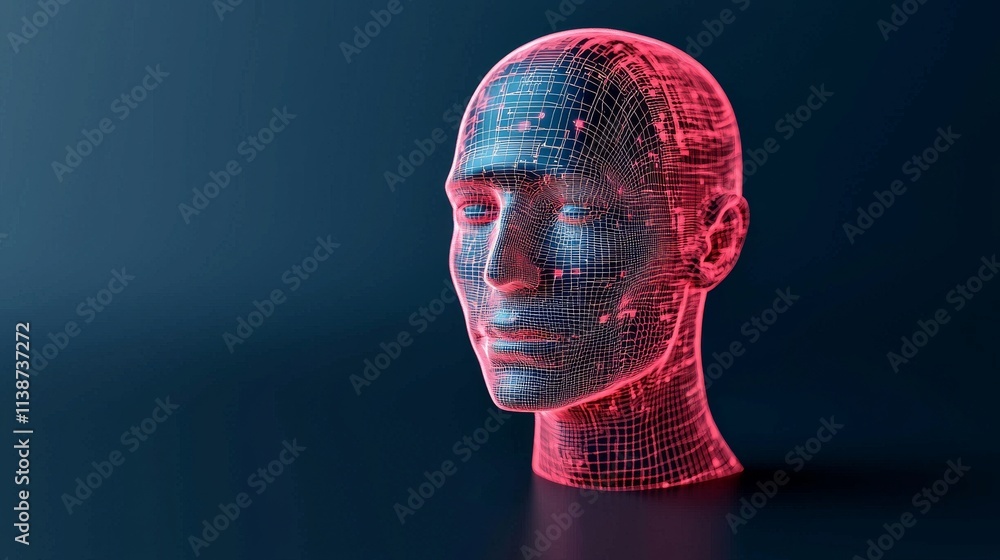 Poster a digital human head illuminated with binary code and glowing lights.