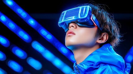 **Immersive virtual reality experience: user navigates a futuristic digital world filled with luminous blue holograms, seamlessly blending reality and the virtual realm.**