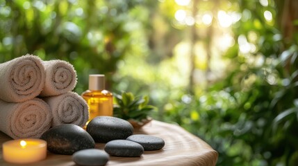 Spa massage stones on table with bamboo nature background with space for text.