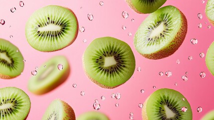 Fototapeta premium Kiwi Fruit Slices Falling Pink Background