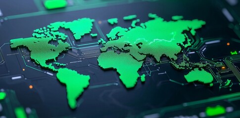 A cutting-edge world map showcasing global financial trends, featuring dynamic 3D visuals and real-time data overlays that monitor international market movements.