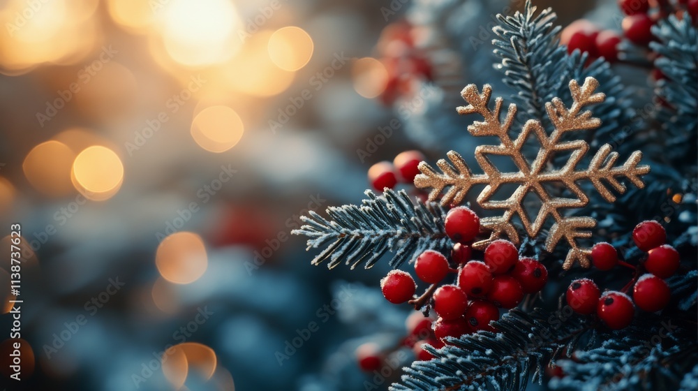 Poster winter snowfall with red berries and evergreen branches creating a festive atmosphere