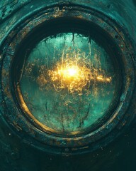 A detailed shot of a modern submarine featuring a luminous window set against an underwater backdrop.