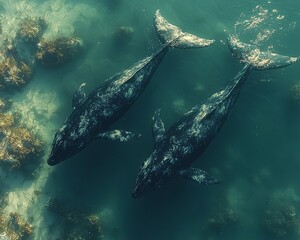 Fototapeta premium Two whales gliding through crystal-clear blue waters, highlighting marine life.