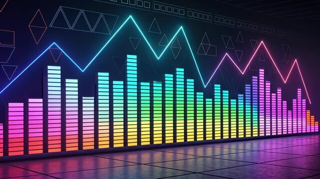 Disco Fever A vibrant display with multicolored equalizer bars that flash in sync with the heartbeat of music. The background features abstract geometric shapes in neon shades