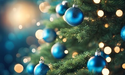 Christmas Tree With Ornaments In Blue And Bokeh Lights - Real Fir Branches With Glittering In Abstract Defocused Background - This Image Contain 3d Rendering Elements