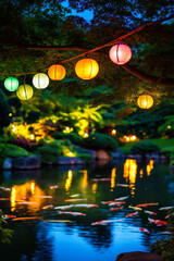 Obraz premium A peaceful Japanese garden during a lantern festival, with glowing, colorful lanterns hanging from trees and floating on a still pond filled with elegant koi fish, their reflections shimmering on the 