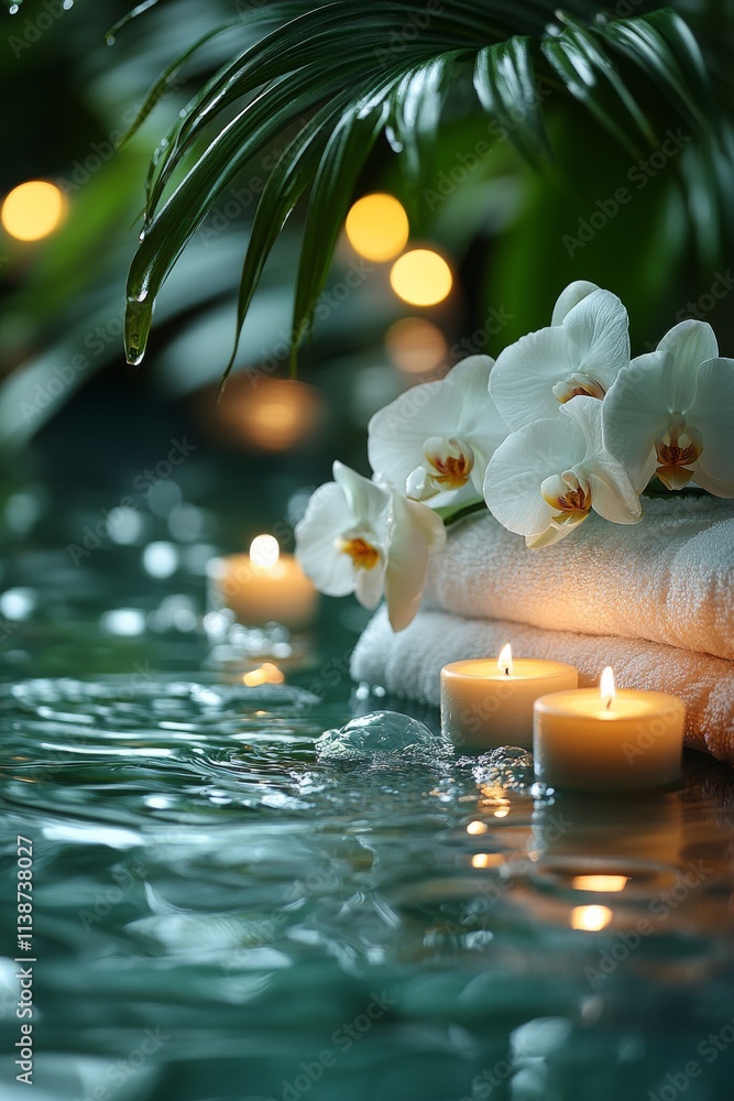 Poster relaxing spa setup with candles and orchids for rejuvenation and tranquility