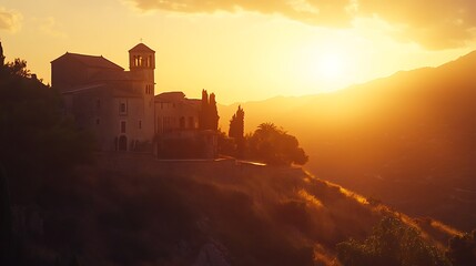 Obraz premium A serene sunset view over a hillside building, creating a tranquil atmosphere.