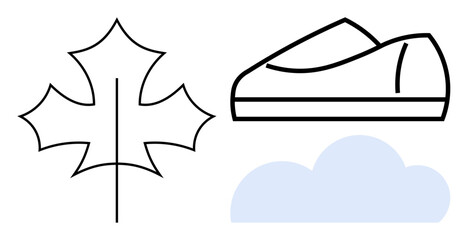 Outlined maple leaf, minimalist shoe, and blue cloud represent nature, fashion, and weather. Ideal for eco-friendly themes, travel, outdoor activities, footwear, climate, and simplicity. Line