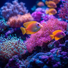 Obraz premium A lively underwater snapshot showcasing a vibrant coral reef, teeming with colorful fish, capturing the intricate beauty of the marine environment.