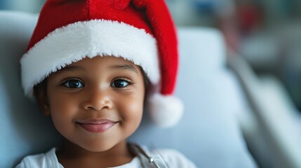 Smiling African American child wearing a Santa hat in a hospital setting during the holiday season