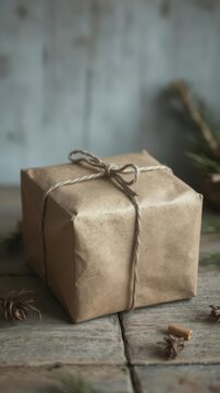 Rustic brown paper parcel securely tied with twine, simple knot, post,recyclable