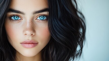 Fototapeta premium Elegant hair dye packaging featuring a confident young woman with rich black hair and captivating blue-gray eyes