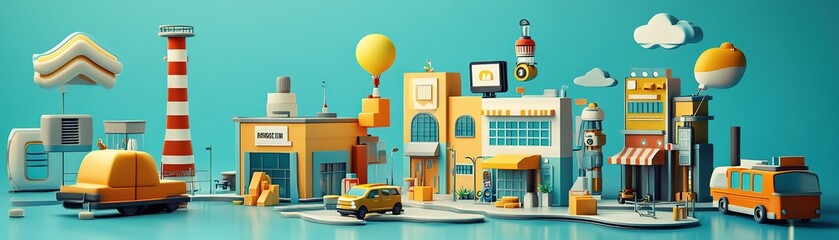 Vibrant urban scene cityscape 3d illustration colorful environment wide angle creative design