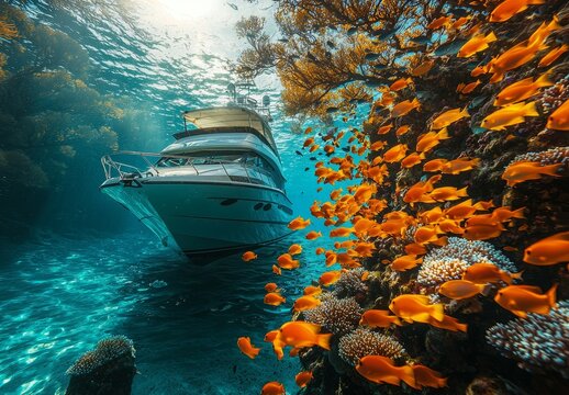Vibrant fish and aquatic wildlife explore the colorful coral reef, creating a lively underwater scene perfect for diving and snorkeling in tropical blue waters.