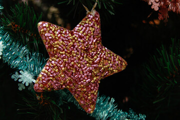 Christmas and decorations on the Christmas tree in the interior close up