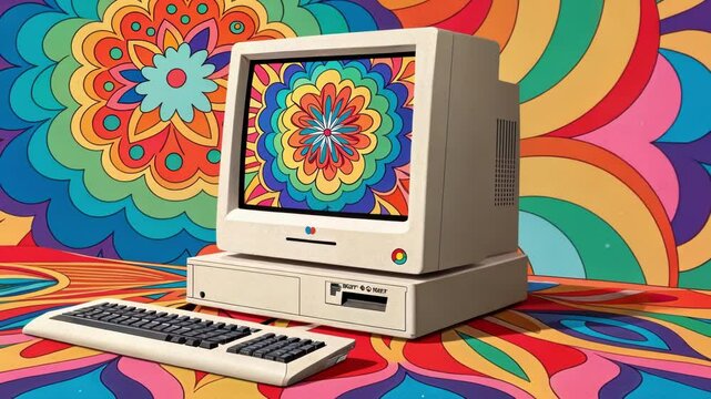 Kaleidoscope Display A vibrant retro desktop flaunting a colorful kaleidoscope design. Popup windows burst forth in a dizzying array of shapes and colors each animated with curious