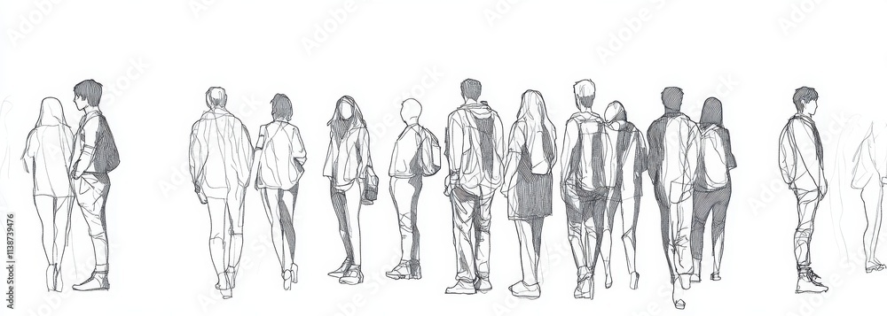 Poster a simple line drawing depicting a group of people in a minimalistic style the design features a whit