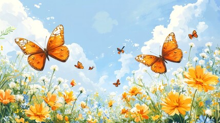 Colorful butterflies flutter among vibrant flowers under a bright blue sky