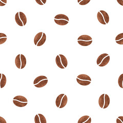 Seamless pattern with watercolor coffee beans isolated on white background