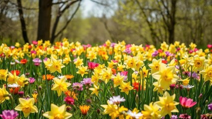 Obraz premium Vibrant daffodil flowers blooming in a lush green field under the warm sun, flora, growth, nature
