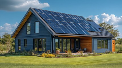 Modern eco friendly house with solar panels and large windows in a rural setting