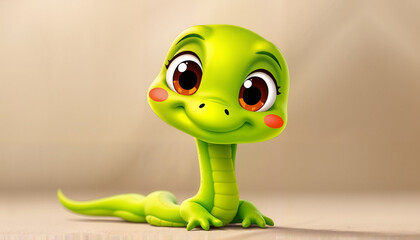 Cute cartoon smiling green snake character with big eyes on soft background