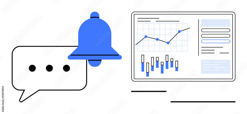 Poster notification bell and speech bubble beside analytics dashboard with graphs, bar charts, and data tab