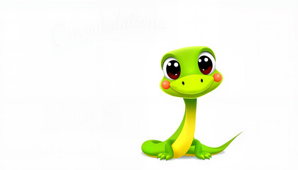 Cute cartoon green snake character with big eyes and joyful expression on white background with text