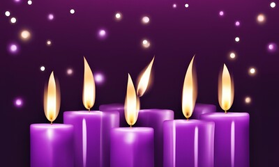 Advent Candles - Four Purple Candlelights With Glittering Glowing In Church