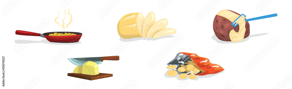 Poster potato food item and products object vector set