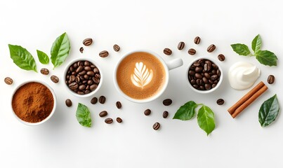 A hot coffee cup elegantly presented with ingredients like coffee beans