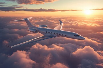 Fototapeta premium A sleek private jet soars above a vibrant sea of clouds, illuminated by a stunning sunset. The sky glows with warm hues, creating a serene aerial scene.
