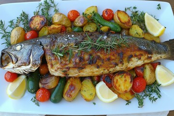 A beautifully grilled whole fish garnished with herbs, served with roasted potatoes, tomatoes, and lemon slices on a white plate for a delicious, rustic meal.